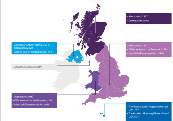 Figure 3: The law on abortion in the United Kingdom and the Crown Dependencies. Source: British Medical Association, The Law and Ethics of Abortion: BMA Views 5 (September 2020, updated March 2025).